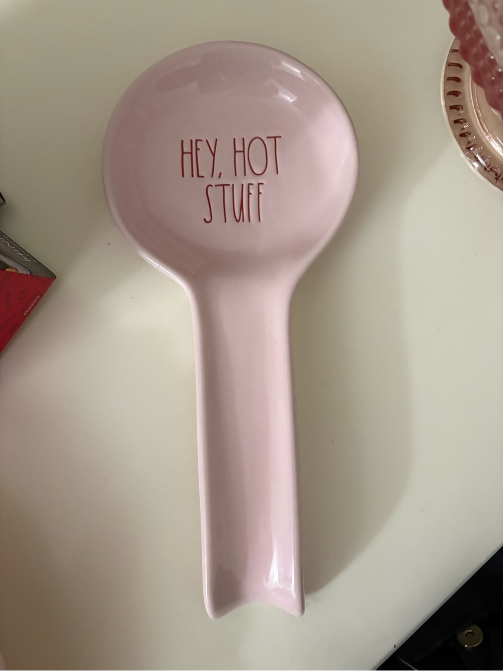 Rae Dunn Pink 'Hey, Hot Stuff' Ceramic Spoon Rest